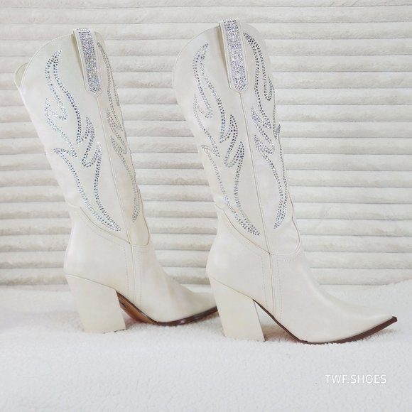 So Me Shoes - Mileage Rhinestone Design Creamy Ivory Country Western Cowgirl Boots